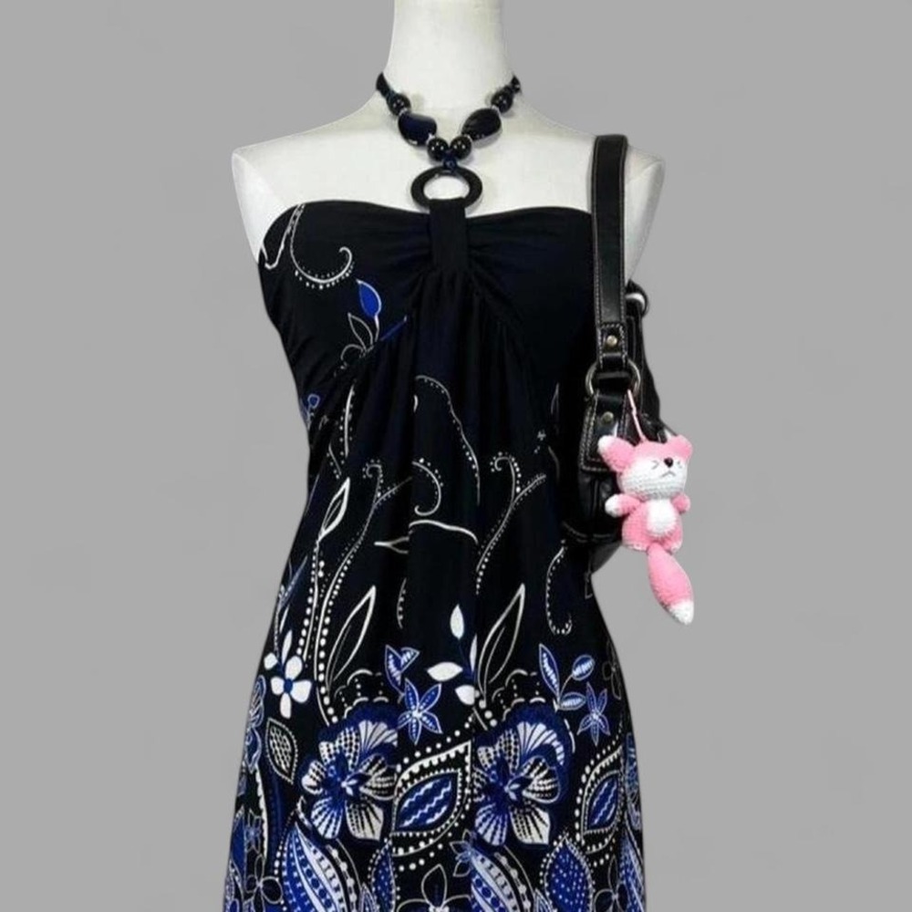 Y2K Summer Halter Dress Beaded Neckline Womens 8 Boho Whimsygoth Fairy Festival